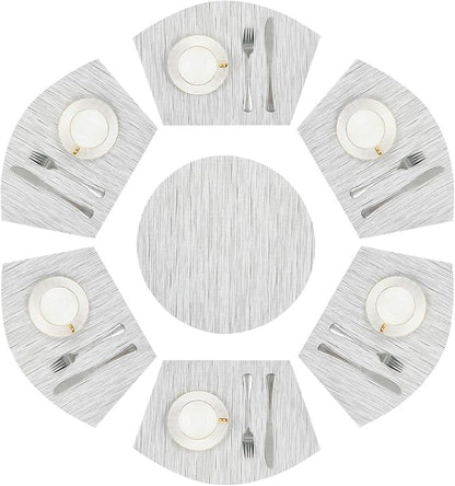 SHACOS Round Table Placemats Set of 7 Wedge Shaped Place Mat with Round Centerpiece Mat Heat Resistant Table Mats Washable (7, Gray White)