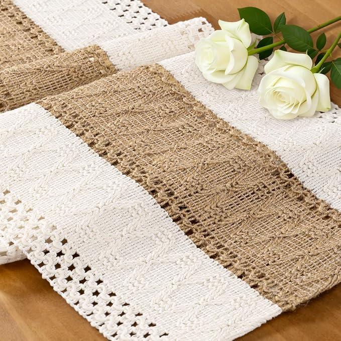 Ivory & Burlap Boho Table Runner Farmhouse Woven Table Runner 12x60 Inch | by MLMC