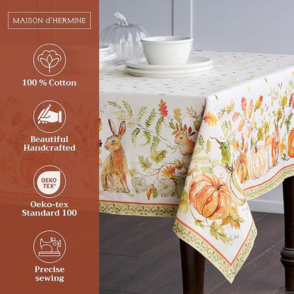 Maison d' Hermine Table Cloth Rectangle Table 100% Cotton 60 x 90 Inches Fall Tablecloth Reusable Everyday Use for Thanksgiving Christmas Decorations Dining Farmhouse Party (Pumpkin Passion)
