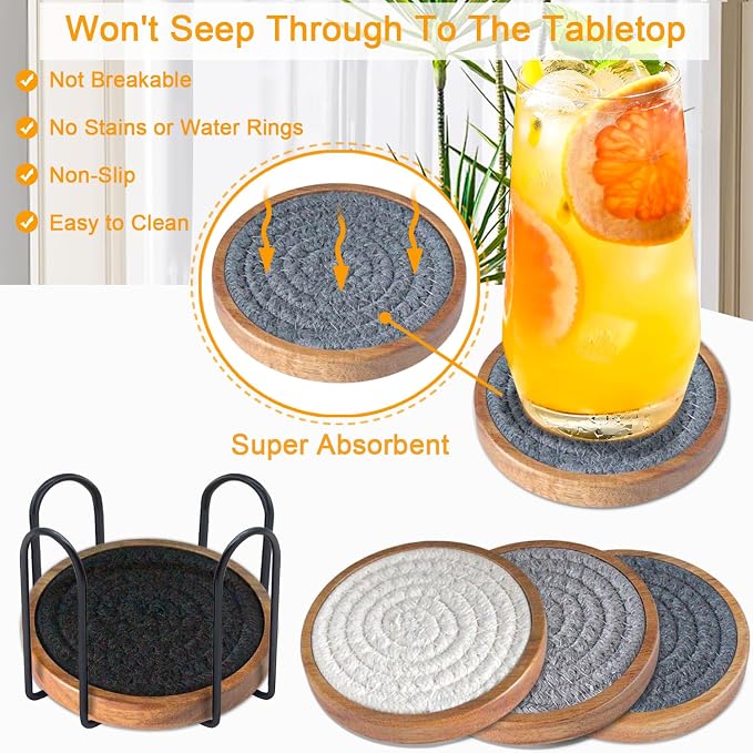Wood Coasters for Drinks, Eykao Absorbent Coaster Sets of 5, Woven Drink - Image 2