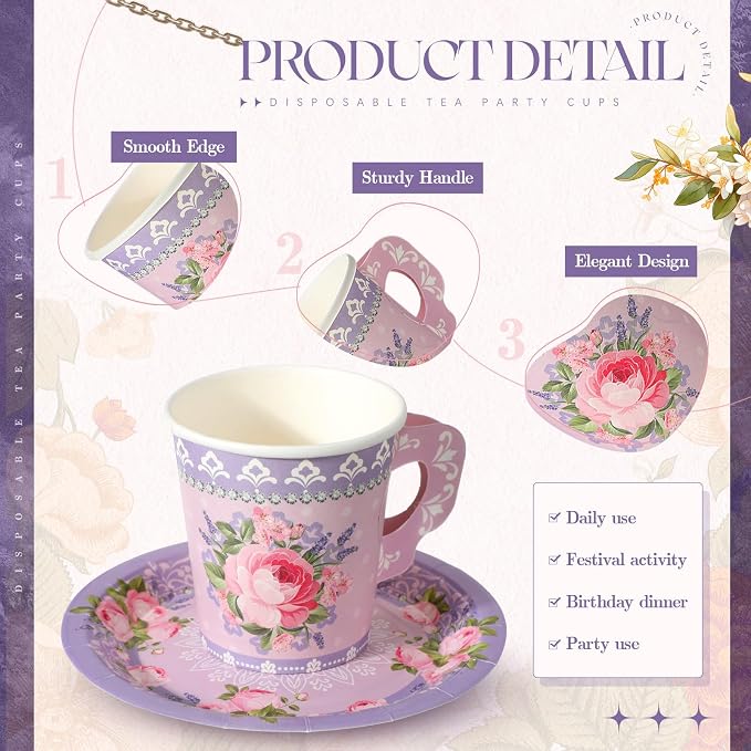 Nuogo 200 Pcs Floral Paper Tea Cups and Saucers 7 oz Disposable Paper Teacups - Image 3