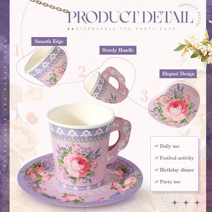 Nuogo 200 Pcs Floral Paper Tea Cups and Saucers 7 oz Disposable Paper Teacups - Image 3