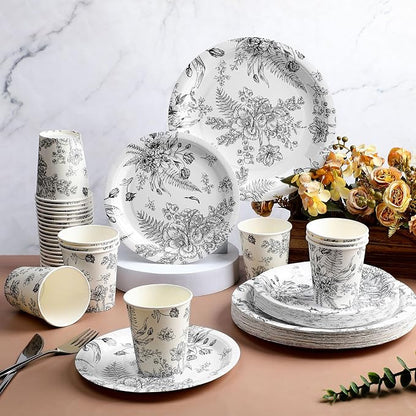 250 Pcs Black Disposable Plates and Napkins Floral Tableware Set - Image 8