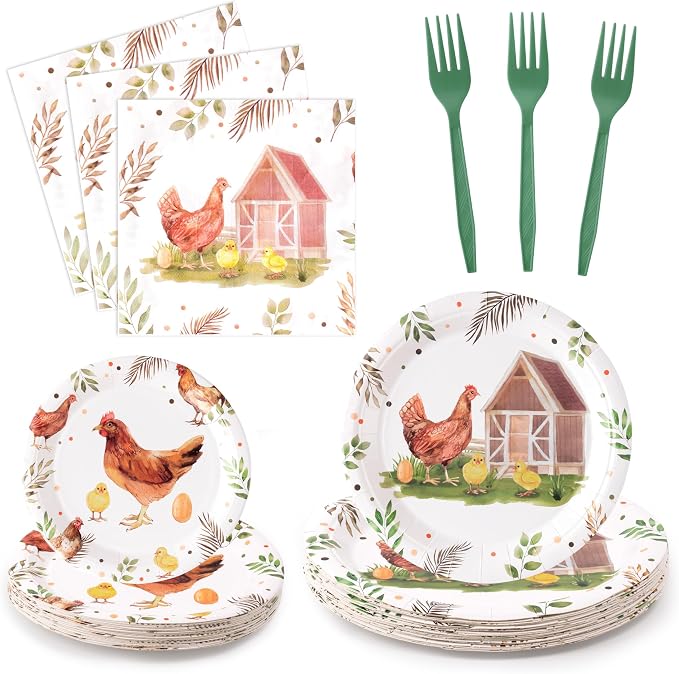 96Pcs Chicken Barnyard Farm Animal Watercolor Hen Chick Party Plates Supplies by G1ngtar
