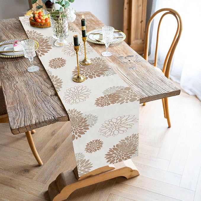 Coffee Brown Dahlia Table Runner Modern Elegant Flower Beige Table Runners - Image 4