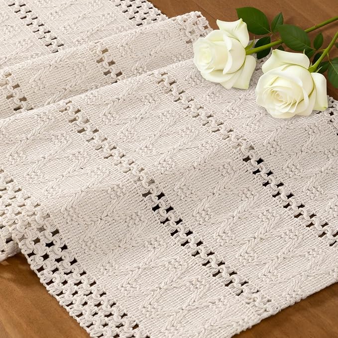 Ivory Boho Table Runner Farmhouse Macrame Woven Table Runner 12x90 Inch | Small - Image 2