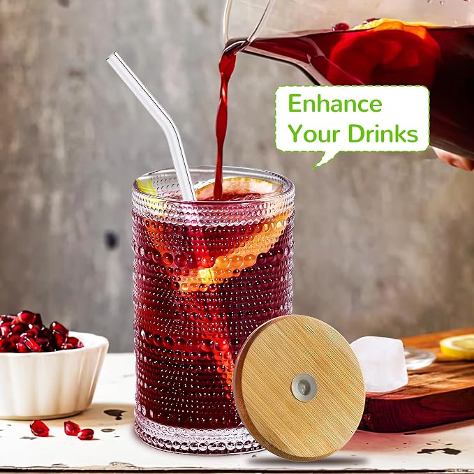 Hobnail Drinking Glasses with Bamboo Lids and Glass Straw 4Pcs Set - 14oz - Image 5
