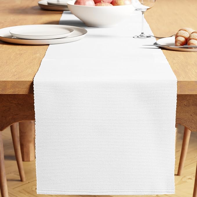 Encasa XO Table Runner, Yarn Dyed Ribbed Cotton 13"x59" | White, 12-Ply Yarns | by EncasaXO