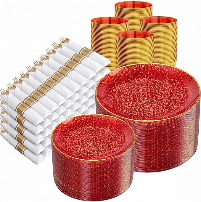 Rubtlamp 700Pcs Red Gold Plastic Dinnerware Set, Hammered Red Gold Plates by Rubtlamp