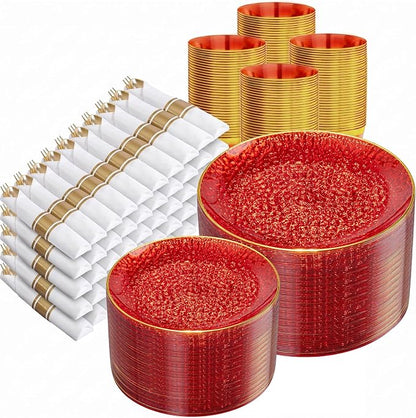 Rubtlamp 700Pcs Red Gold Plastic Dinnerware Set, Hammered Red Gold Plates by Rubtlamp