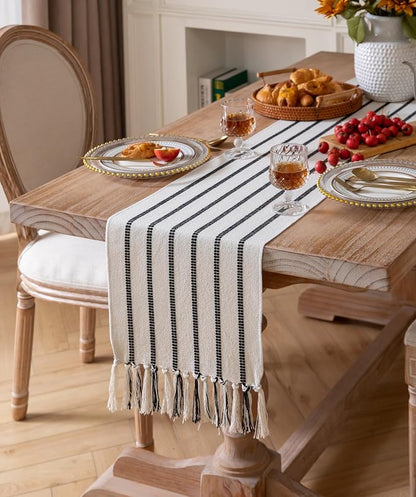 Caflife Boho Table Runner 90 Inchs Long Black and Beige, Cotton and Linen Woven - Image 6