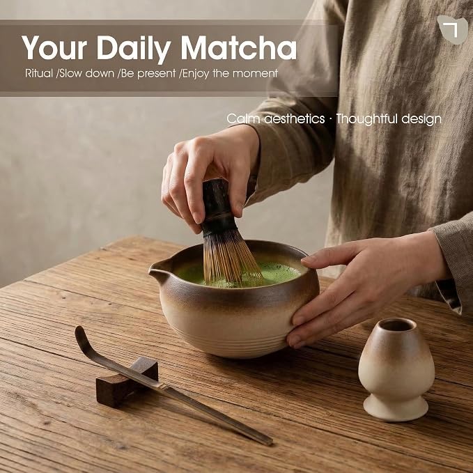 5-Piece Matcha Set，Matcha Bowl & 100-Prong Purple Bamboo Whisk | Rustic - Image 4