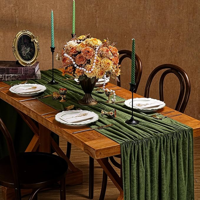 Olive Green Velvet Table Runner 29x120 Inch 10ft Long Soft Velvet Fabric | 10ft - Image 4