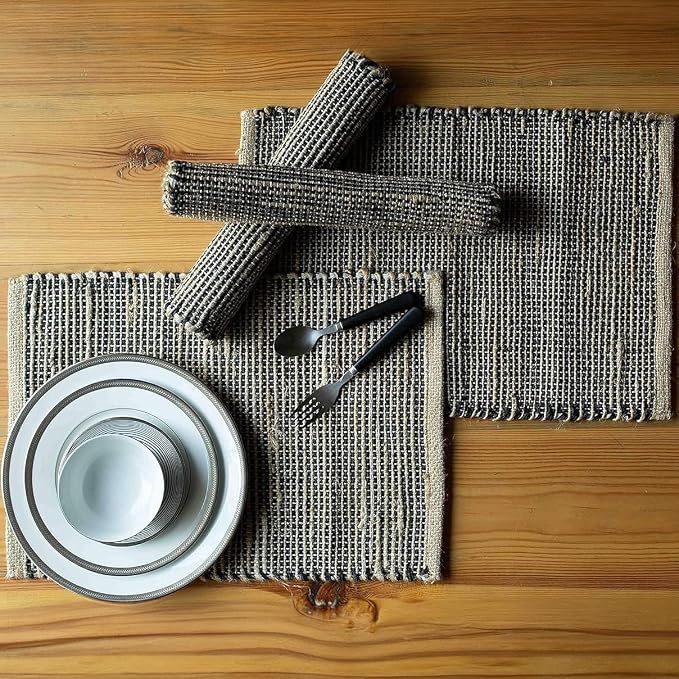 Natural Jute & Black Placemats, 13x19 Inch Dining Table Placemats by ChardinHome