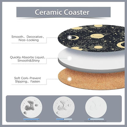 Drink Coasters Set of 6 with Holder,Gold Sun Moon Clouds Stars Absorbent Ceramic Coasters with Cork Base,Fit All Cups,Tabletop Protection Mat for Mugs and Cups,Office,Kitchen