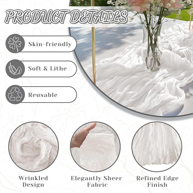 2 Pack Cheesecloth Table Runner, 120 Inch Ivory White Table Runner | 10 Ft Boho - Image 4