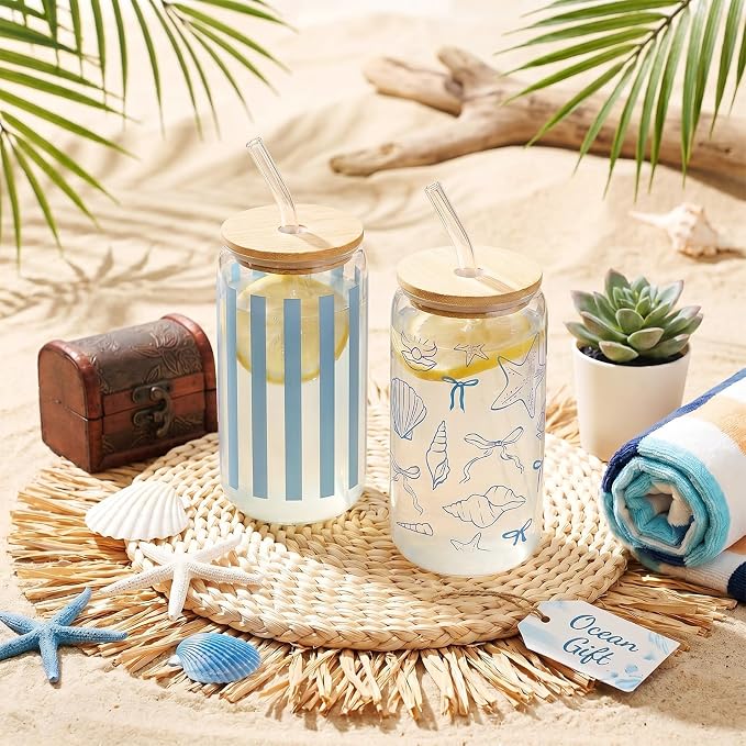 Sliner 2 Pcs Coastal Glass Cups Beach Ocean Tumblers - Image 2