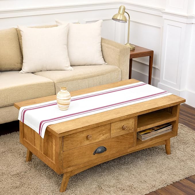 Solino Home 100% Linen Table Runner, 14 x 48 in, Burgundy and White Striped | by SolinoHome