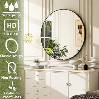 36 Inch Round Bathroom Mirror - Black Wall Mounted Circle Mirror with Metal Frame, Modern Round Hanging Mirror Suitable for Bathroom, Vanity, Entryway, Living Room