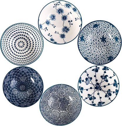 Foraineam 6 Pieces Blue and White Floral Rice Bowl Set 8 oz Japanese Style - Image 2