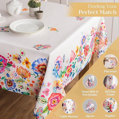 Maison d' Hermine Table Cloth Rectangle Table 100% Cotton 60 x 90 Inches Tablecloth Reusable Decorative for Dining Room Farmhouse Valentines Day Decorations Spring Summer - Happy Florals - High Summer