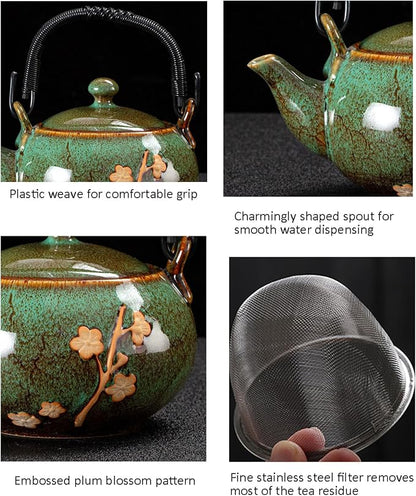KEYDUACU Japanese Tea Set, Kiln-Formed Ceramic Tea Set, Plum Blossom Embossed - Image 4