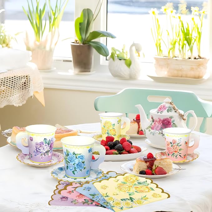 40 Set Floral Tea Cups and Saucers Disposable Tea Party Supplies Colorful - Image 5