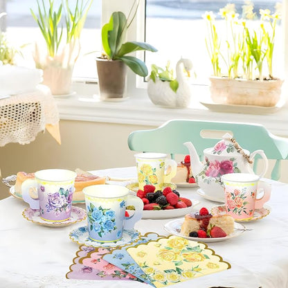 40 Set Floral Tea Cups and Saucers Disposable Tea Party Supplies Colorful - Image 5