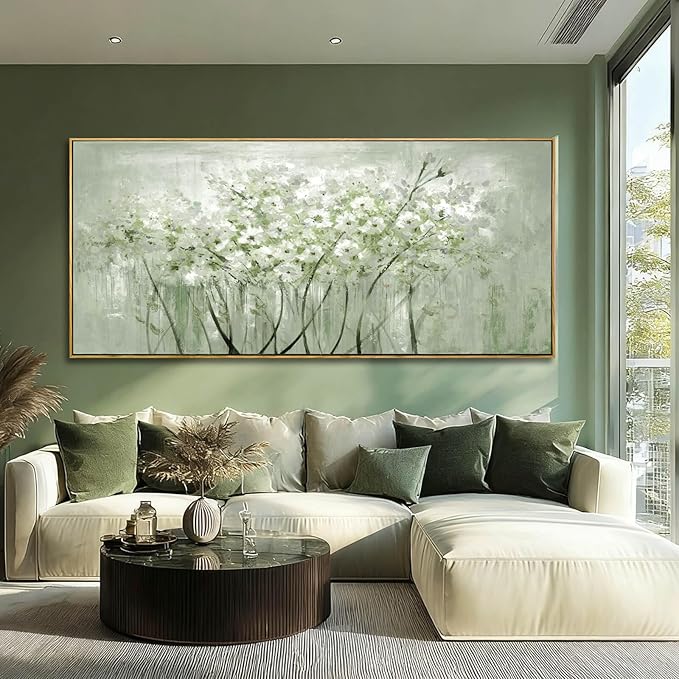 MLART99 Soft Green and White Floral Canvas Extra large Flower Wall Art Texture Botanical Print Plant Posters- 32x70 Inch Modern Home Decor for Living Room Entryway