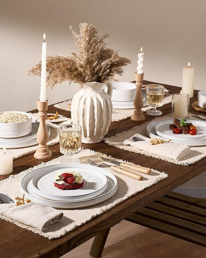 Stoneware Dinnerware Sets, Plate and Bowl Sets for 4, 12 Pieces Spiral Straight Dishware with Speckles and Reactive Glaze, Microwave Dishwasher Safe Family Tableware, White