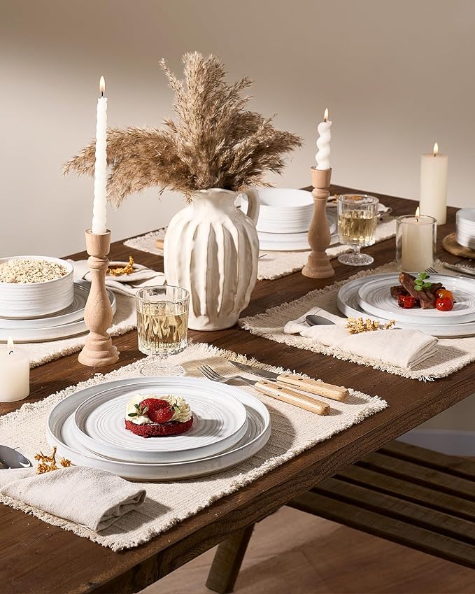 Stoneware Dinnerware Sets for 4, Reactive Glaze Plates and Bowls Set, Chip & - Image 2