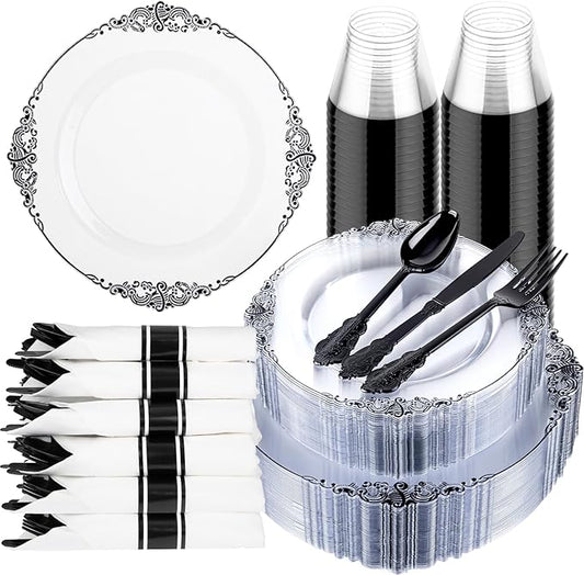 Hioasis 175pcs Clear and Black Plates - Black Party Plates for 25 Guest, Include 50 Heavy-duty Plates(20% Thicker Than Standard), 25 Pre Rolled Gold Plastic Silverware Set, 25 Cups