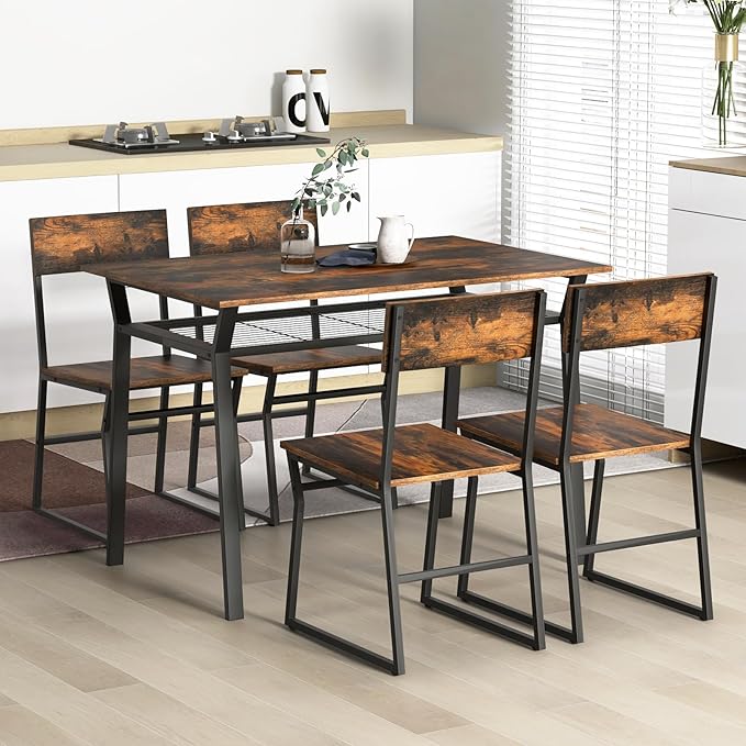 Giantex Dining Table Set for 4, 47”L x 28”W Rectangular Kitchen Table w/ 4 Trapezoid Chairs, Reinforced Metal Frame & Storage Rack, Industrial Space-Saving Dinette Set for Kitchen Dining Room (Brown)