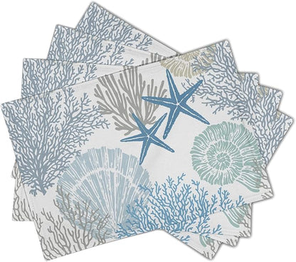 aportt Nautical Placemats Set of 4 Starfish Beach Theme Ocean Seashell Washable Non-Slip Heat Resistant 12×18 Inch Coastal Summer Thick Place Mats Decorative Linen Fabric Table Mat for Dining (FF)