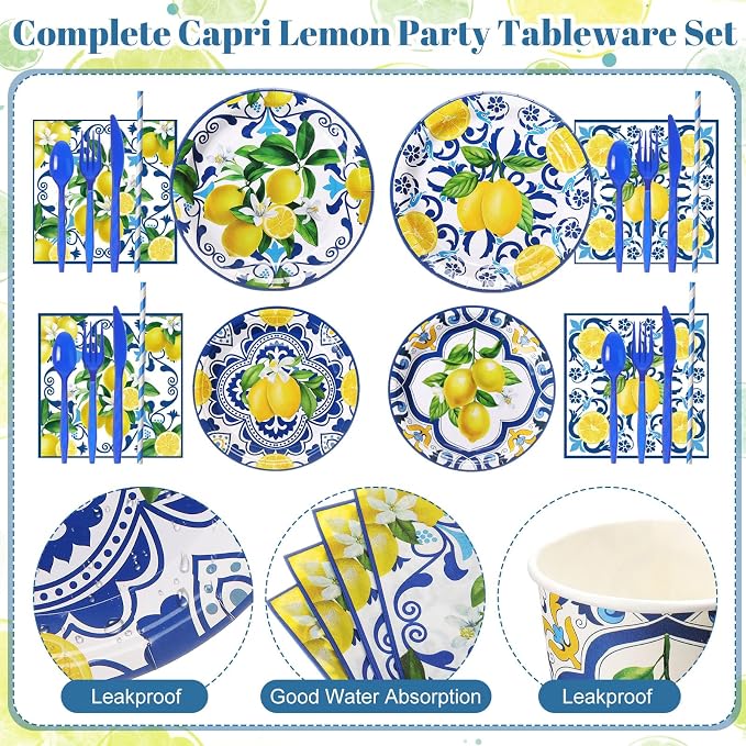 450 Pcs Capri Lemon Party Tableware Set Decorations, Serves 50 | Mediterranean - Image 2