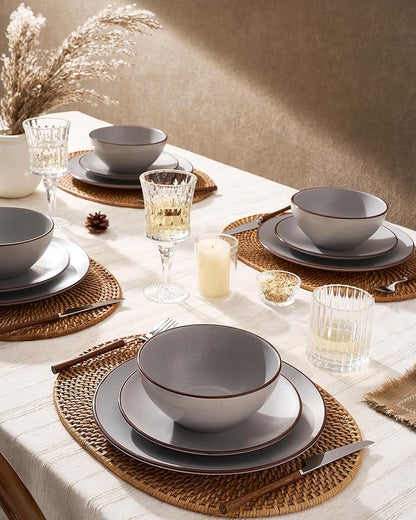 Famiware Venus Speckled Dinnerware Set with Pasta Bowls, Service for 6 (24 Pieces), Stoneware Plates and Double Bowls Sets, Microwave & Dishwasher-Safe Dishes with Trim, Matte Light Grey