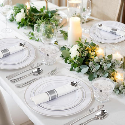 WELLIFE 700 Pcs Silver Plastic Plates for 100 Guests -Party Supplies Includes 200 Silver Plates,300 Plastic Silverware,100 Napkins,100 Cups for Party and Wedding