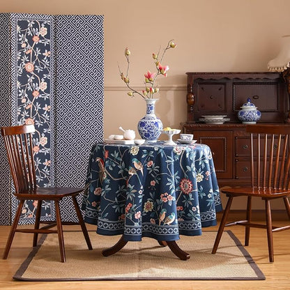 patdrea Designer Vintage Dark Blue Linen Round Tablecloth,Navy French Floral and Birds Pattern Table Cloth,Decoration Table Cover for Kitchen,Dining,Tea Party,Home,Christmas,Diameter 55"