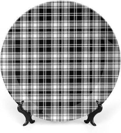 Decorative Plates, Abstract Decor Print Ornament, British Tartan Stripes Pattern, 10 Inch, 1 Plate with 1 Display Stand, Black White
