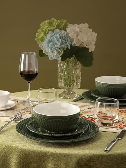 Famiware Garden Plates and Bowls Set, 12-Piece Dishes Set for 4, Scratch Resistant Kitchen Dishes Dinnerware Set - Microwave and Dishwasher Safe, Reactive Glaze and Embossed Stoneware, Dark Green