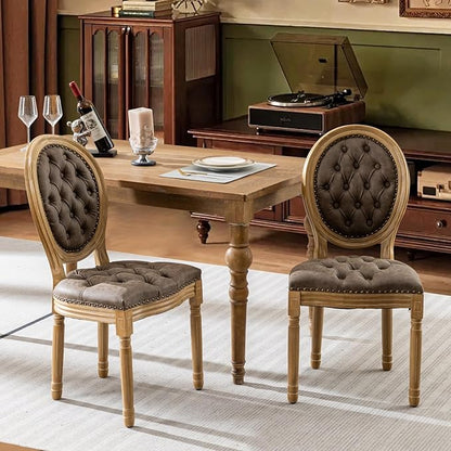 SoarFlash French Dining Chairs Set of 2, Vantage Dining Chair with Round Back, Wood Leg Farmhouse Country PU Leather Dining Chair for Kitchen,Bedroom,Brown