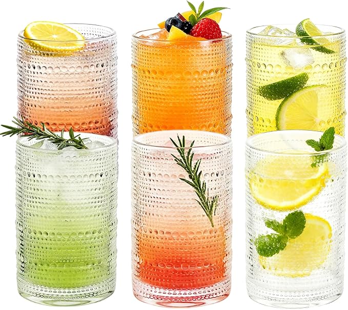 Hobnail Drinking Glasses Set of 6, 16 Oz Vintage Style Tumblers Smooth Interior by Elitrivox