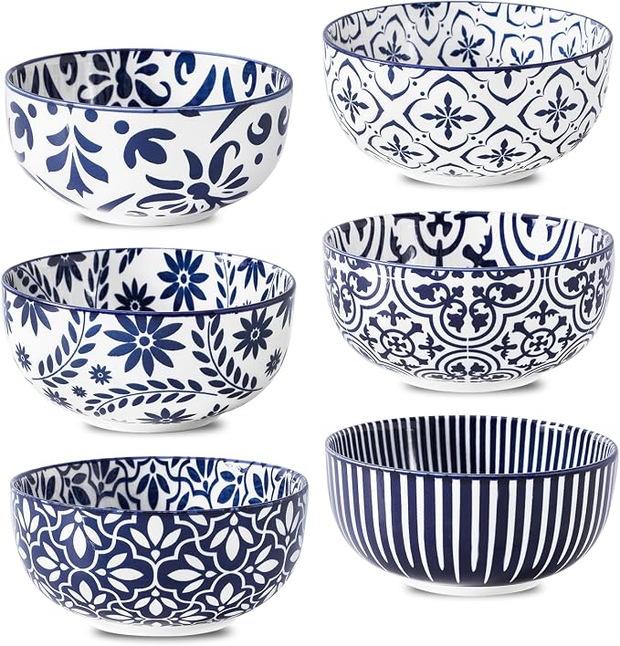 glowworm Cereal Bowls Set of 6, 26 Oz Soup Bowls, Bohemian Blue & White | by GLOWWORM