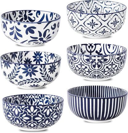 glowworm Cereal Bowls Set of 6, 26 Oz Soup Bowls, Bohemian Blue & White | by GLOWWORM