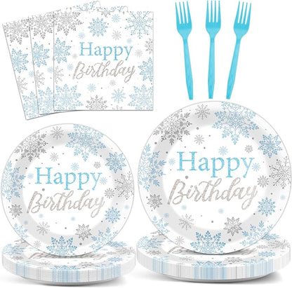 96PCS Winter Birthday Party Decorations Snowflake Paper Plates and Napkins by Justforjoyful