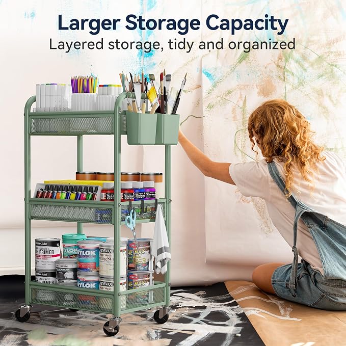3 Tier Metal Rolling Cart, Art Workspace, Bedside Storage - Image 5