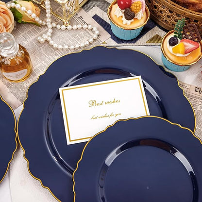 WDF 100pcs Blue Plastic Plates - Baroque Blue&Gold Disposable Plates for Parties/Wedding-50Plastic Dinner Plates 10.25in, 50Salad Plates 7.5in for Party/Birthday/Wedding