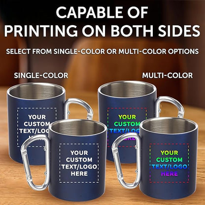Custom Stainless Steel Mugs with Carabiner Handle 10 oz. Set of 10, Personalized Bulk Pack - Perfect for Coffee, Soda, Other Hot & Cold Beverages - Navy Blue