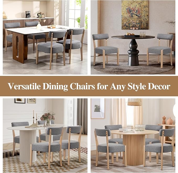Dining Chairs Set of 6,Mid Century Modern Dining Chair Set - Linen Upholstered Low Back Kitchen & Dining Room Chairs with Woven Design,Grey Fabric
