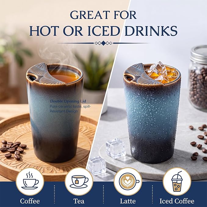 1 Pack Ceramic Coffee Mug with Sip Hole, 14.5 oz Handleless Tumbler Cup with 1 - Image 7